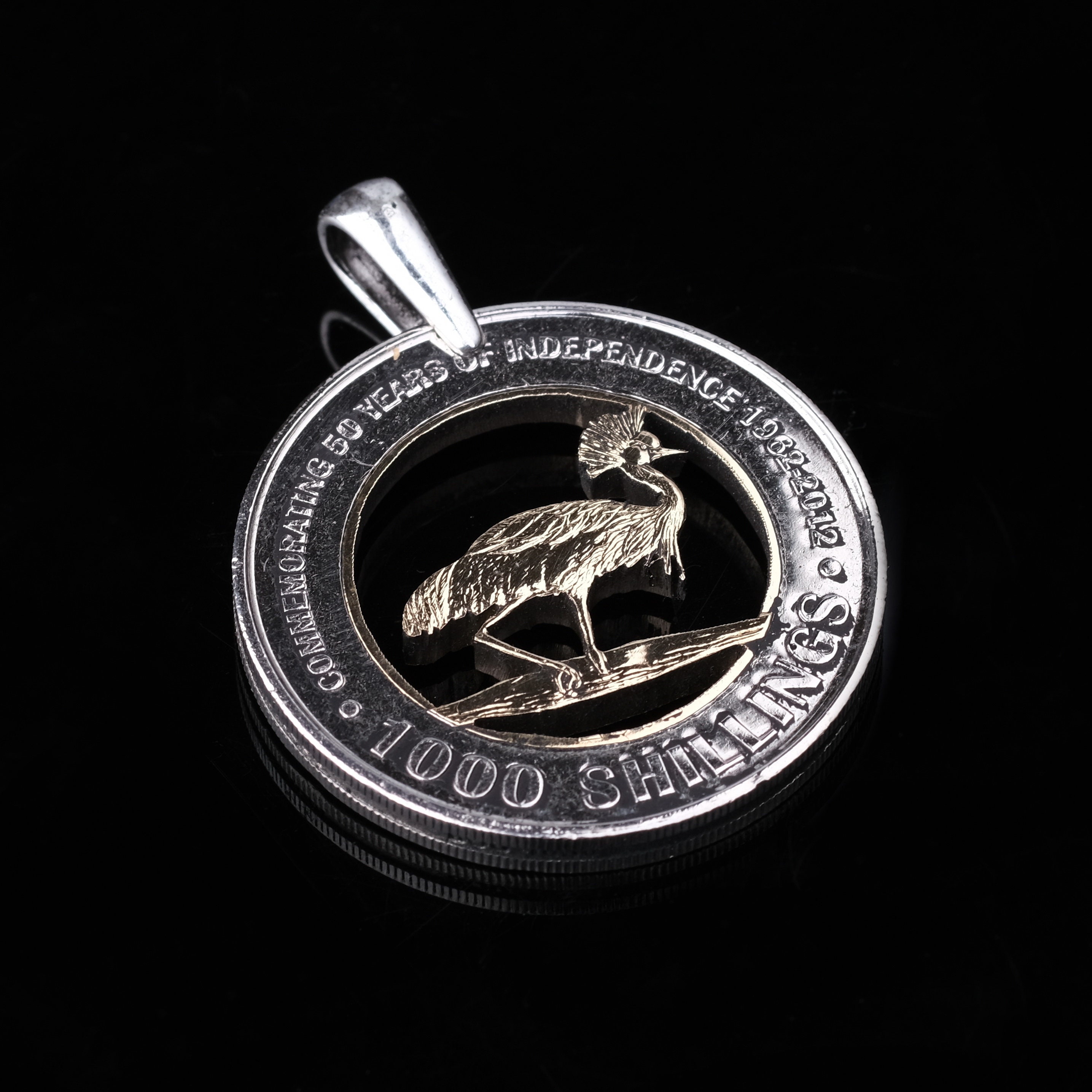 Uganda 1000 Shillings 50 Years of Independence Cut Coin Pendant with necklace Crested Crane bird Kampala