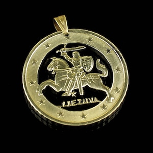 Litauen 50 Cent, Cut Coin Anhänger mit Halskette. Lietuva Vytis Pferd Rüstung Ritter Vilnius
