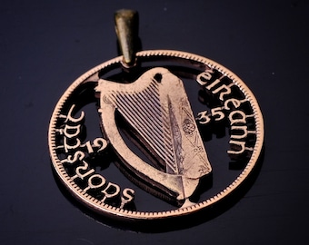 Ireland 1 Pingin cut coin pendant with necklace Irish Gaelic harp with date Cláirseach hen & chicks
