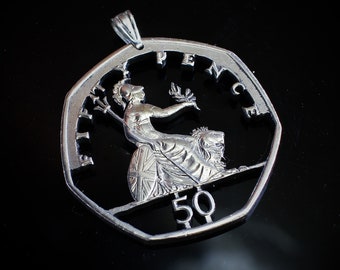 United Kingdom 50 Pence Cut Coin pendant with Necklace British lion Britannia London York
