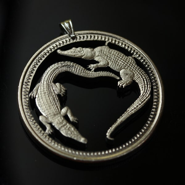Papua New Guinea 1-KINA Saltwater Crocodile Cut Coin Pendant with Necklace. Hand Cut