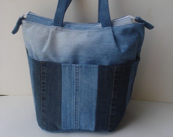 Sac en jean recyclé, zippé, doublé, écologique, été, printemps, denim, sac en tissus, bleu, fourre tout, modèle unique, fait main