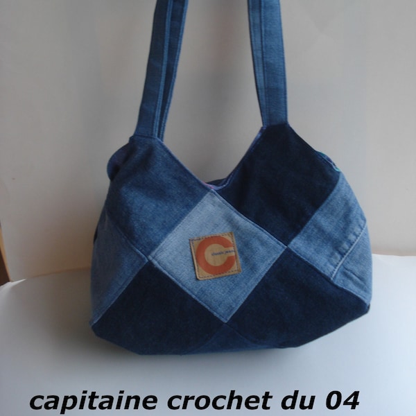 Sac en jean recyclé, denim, patchwork, doublé, bleu, cadeau fête des mères, modèle unique, fait main