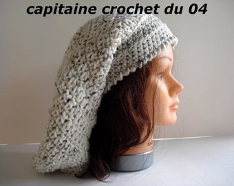 Bonnet au crochet femme, bonnet en laine, beige moucheté, rasta, slouchy, dreadlocks, fait main, modèle unique