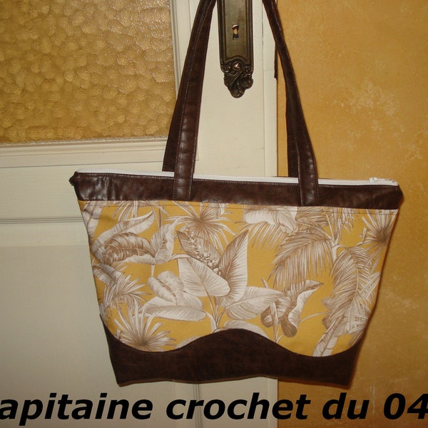 Sac cabas, tote bag, zippé, en simili cuir marron et tissus imprimé moutarde et beige, fourre tout, fait main, modèle unique