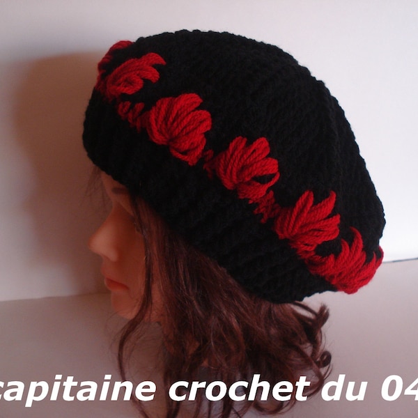 Béret femme en laine , noir et rouge, confectionné au crochet, fait main