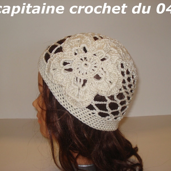 Bonnet femme en coton écru printemps été, style charleston, bonnet fleur,fait main au crochet fait main