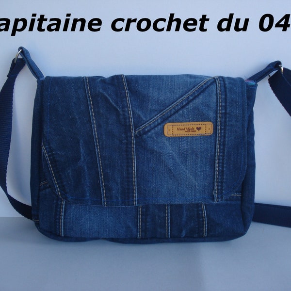 Sac bandoulière femme, en jean recyclé, bleu, doublé, fait main, modèle unique