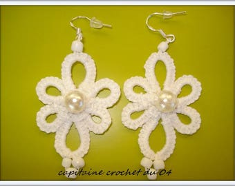 Boucles d'oreilles, en dentelle, blanche, avec perles, Bijoux d'oreilles, Femme, Mariage, Cérémonie, en dentelle frivolité, bijoux mariage