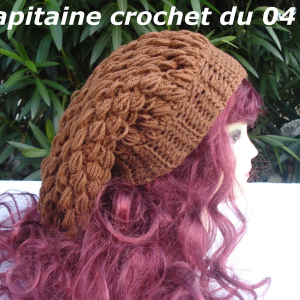 Bonnet en laine femme, bonnet retombant femme, marron, fait main au crochet