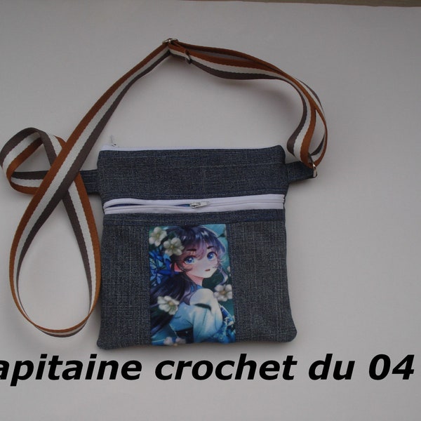 Sacoche, pochette, en jean recyclé, bleu, femme, bandoulière, demin, modèle unique, fait main