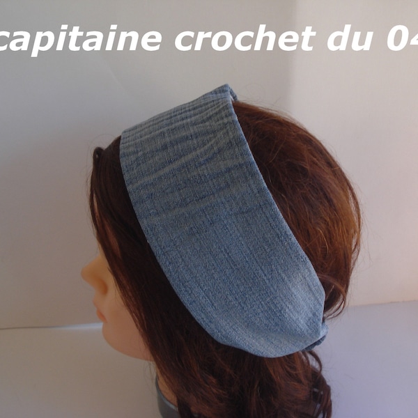 Bandeau femme, en jean recyclé, bleu, glamour, bandeau coton, turban femme, vintage, fait main