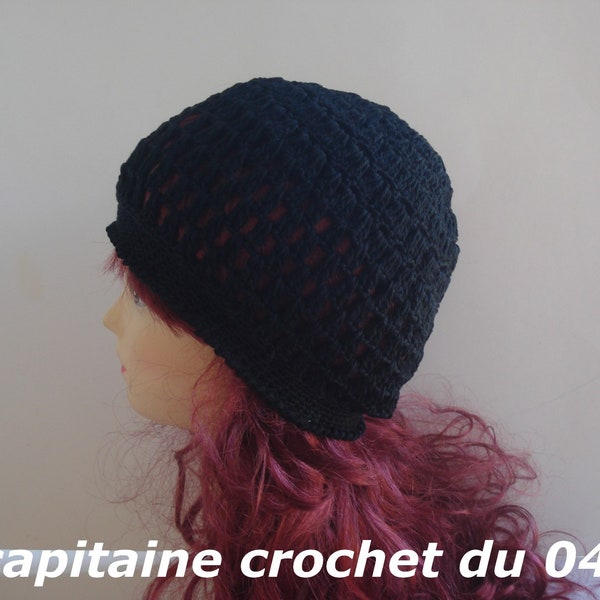 Bonnet en coton femme, bonnet pour l'été, noir, fait main au crochet