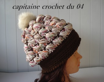 Bonnet en laine, femme, bonnet multicolore, hiver, bonnet avec relief,  pompon fourrure amovible, fait main au crochet