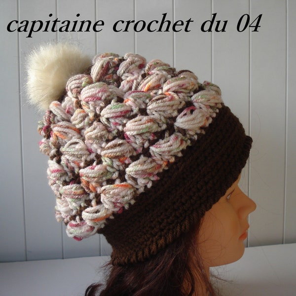 Bonnet en laine, femme, bonnet multicolore, hiver, bonnet avec relief,  pompon fourrure amovible, fait main au crochet