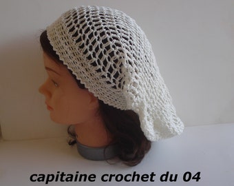 Bonnet en coton femme, bonnet pour l'été, blanc, slouchy, bonnet au crochet, bonnet filet été, fait main