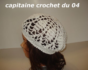 Bonnet femme, printemps, été, blanc, bonnet filet, au crochet fait main