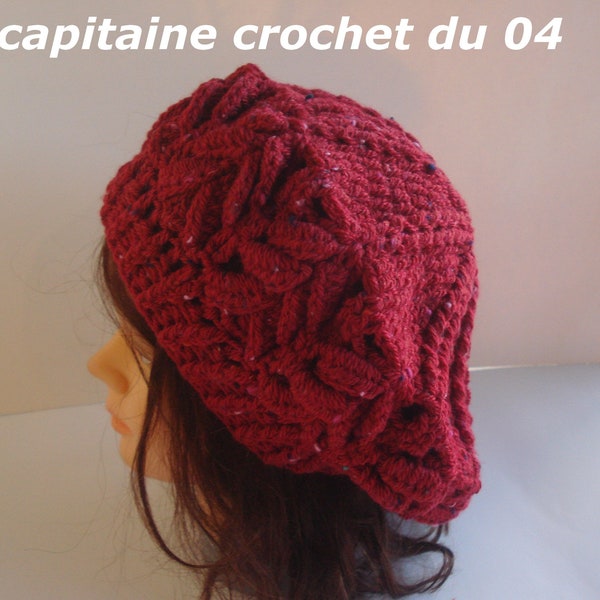 Béret en laine, femme, bordeaux, au crochet, fait main