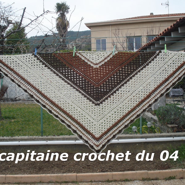 Châle en laine, au crochet, femme, étole au crochet, écru, marron, chocolat, fait main