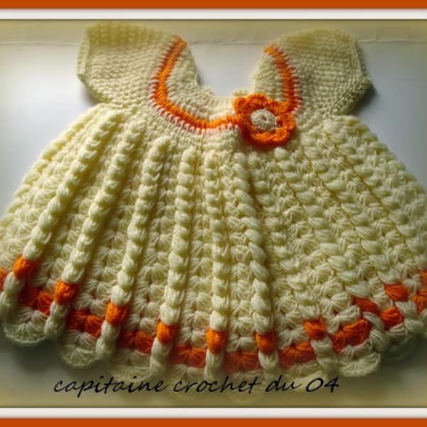 robe au crochet bébé, ensemble bébé nourrisson, fillette robe + bandeau a fleur 3 mois, fait main au crochet en laine jaune et orange