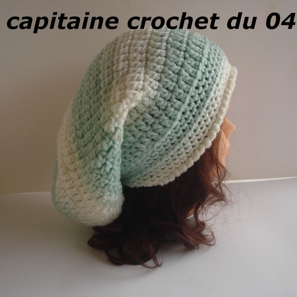 Bonnet en laine, chapeau en laine, femme, rasta, dreadlocks, blanc, vert, fait main au crochet