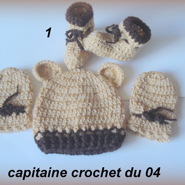 Bonnet en laine bébé ours avec ses petites bottes et ses moufles 0/3 mois/cadeau naissance maternité bonnet animaux/fait main au crochet