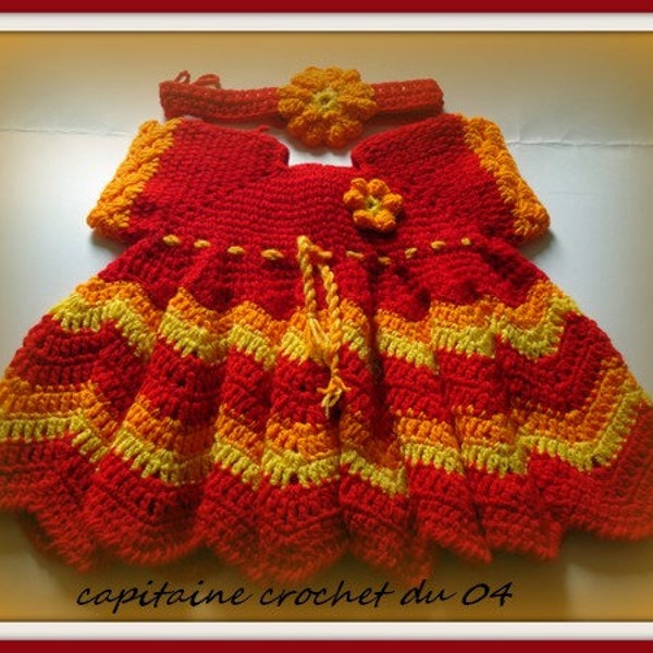 Ensemble bébé, robe + bandeau 6 / 9 mois confectionnée au crochet, en laine rouge orange jaune, fait main, au crochet