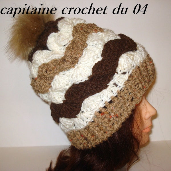 Bonnet en laine, femme, marron, beige, écru, avec son pompon amovible, bonnet au crochet fait main