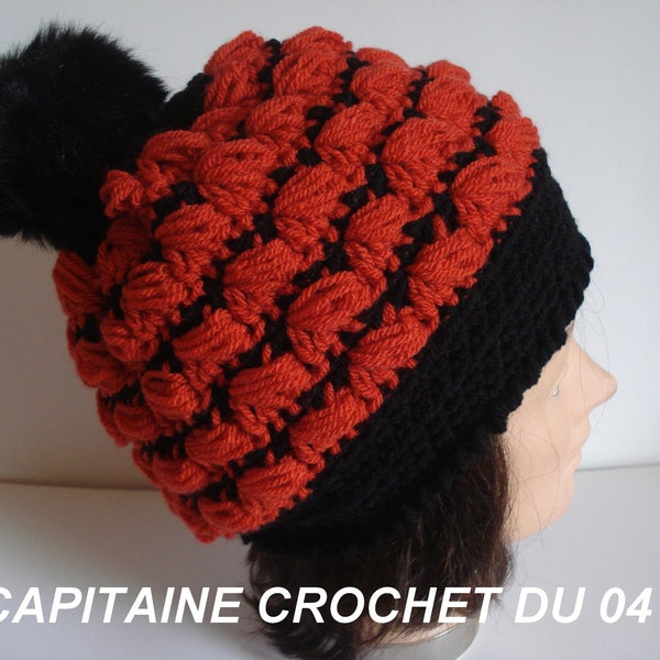 Bonnet en laine, femme, noir et rouille, chapeau en laine, fait main au crochet