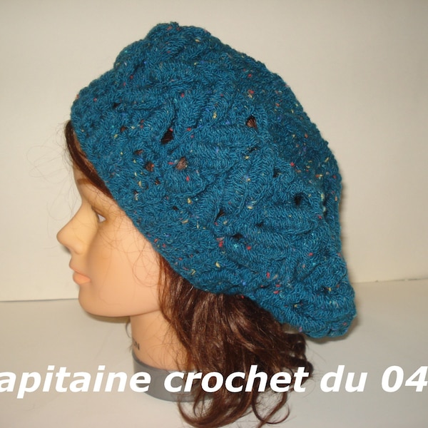 Béret en laine, femme, bleu canard, vintage, béret au crochet, fait main, modèle unique