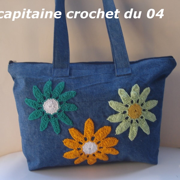 Sac en jean recyclé, porté a l'épaule, femme, marguerite, fleur, doublé, modèle unique, fait main