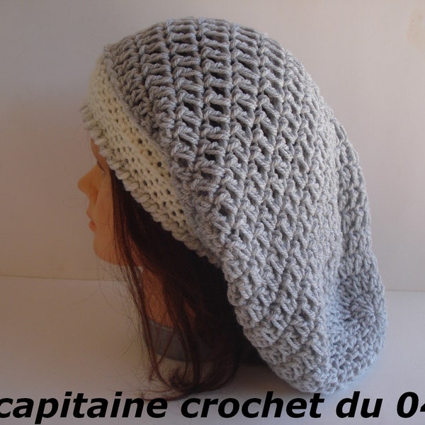 Bonnet en laine, chapeau en laine, rasta, dreadlocks, gris, écru, femme, fait main au crochet