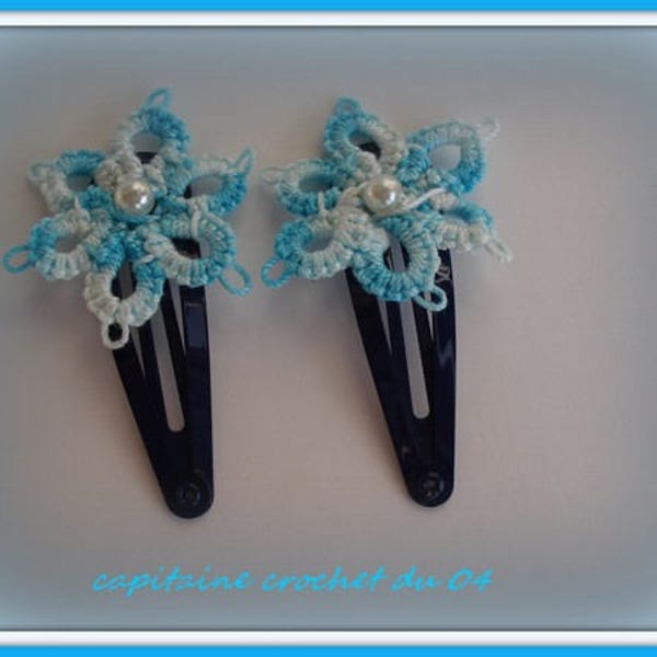 lots de deux barrettes clips, barrettes fillette, clips fille, pince fillette, barrettes fleur en dentelle frivolité/fait main  en France