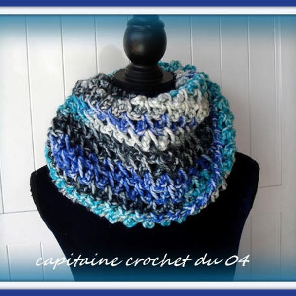 Echarpe tube en laine, écharpe snood, snood Femme, foulard, Cache -nez,Cache -col,Cache cou,confectionné en laine tricolore bleu,gris,blanc