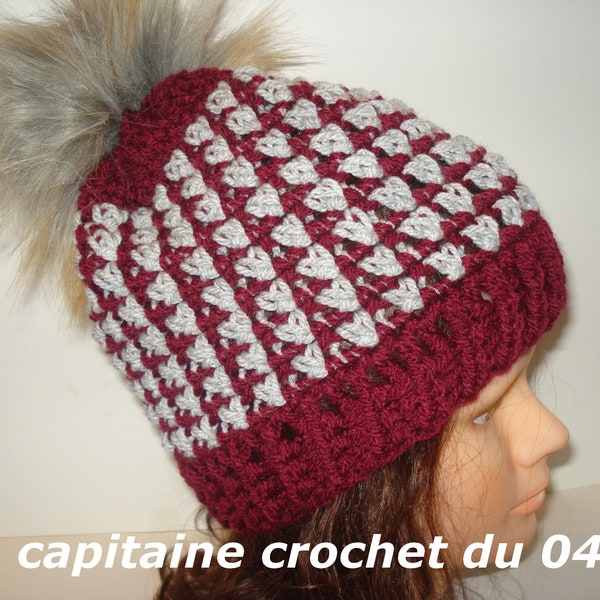 Bonnet en laine, femme, bordeaux, gris, chapeau en laine, pompon fausse, fourrure amovible, fait main, au crochet