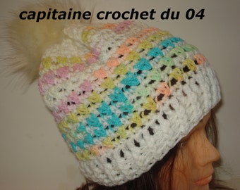 Bonnet en laine, chapeau en laine, femme, bonnet multicolore au crochet, fait main