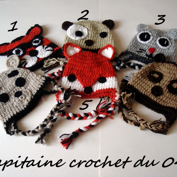 bonnet péruvien bébé, bonnet animaux, chapeau péruvien bébé, bonnet nourrisson, 0 / 3 mois  fille ou garçon au crochet en laine acrylique