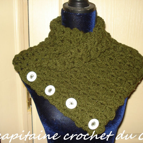 écharpe laine, tour de cou bouton en laine, col roulé, femme vert kaki pour femme, tour de cou en laine, snood femme, fait main au crochet