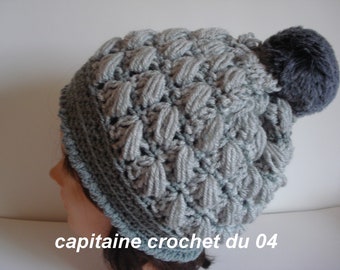 Bonnet en laine, chapeau en laine, bonnet avec pompon,femme, gris clair, et gris foncé, fait main au crochet