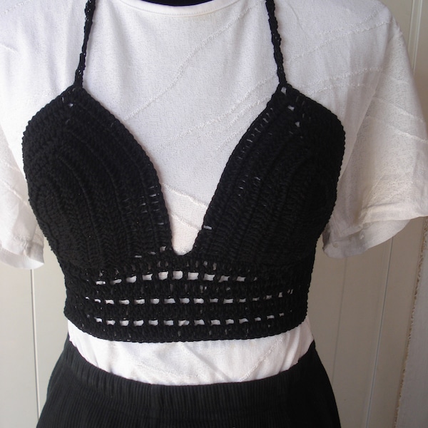 top, bustier, dos nu, top festival, femme, en coton mercerisé noir, été, printemps, taille M, fait main au crochet