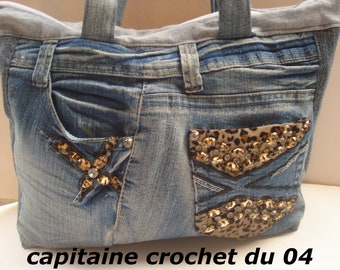 Sac, fourre tout, en jean recyclé strass, femme, patchwork, sac cabas, femme, zippé, modèle unique, fait main