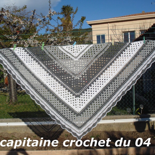 Châle en laine au crochet, femme, étole au crochet, blanc, gris clair, gris foncé, cadeau, fait main