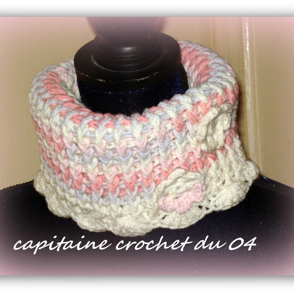 snood, écharpe, col roulé fille, tube, col enfant, col fillette, 2 ans/ 3 ans/ 4 ans, col au crochet, col rose, col écru, tube au crochet