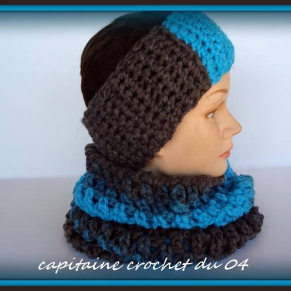 Ensemble, bandeau femme, cache oreilles + snood, tube, col roulé, fait main au crochet en laine bicolore bleu et marron, modèle unique