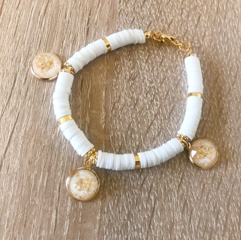 charms cabochons. Heishi bracelet washers beigebrownwhitecoralor blue and gold