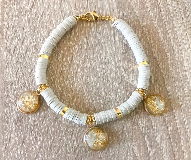 charms cabochons. Heishi bracelet washers beigebrownwhitecoralor blue and gold
