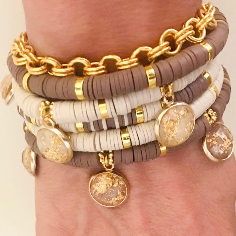 charms cabochons. Heishi bracelet washers beigebrownwhitecoralor blue and gold