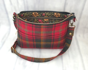 Tartan Crossbody Bag with William Morris Lining, Handmade Fabric Shoulder Bag