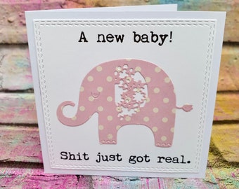 Rude New Baby Card, Cheeky Baby Girl Card, Pink Elephant Card, Mini Card