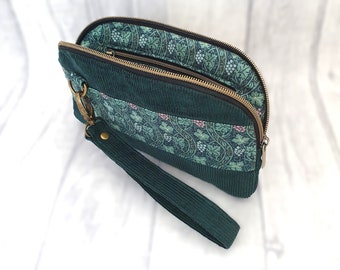Green Corduroy Wristlet Clutch Bag with William Morris Style Lining, Classy Gift with Free UK Delivery